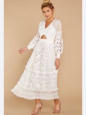 Long sleeve white dress Pom Pom midi sheer lace eyelet Latiste flowy